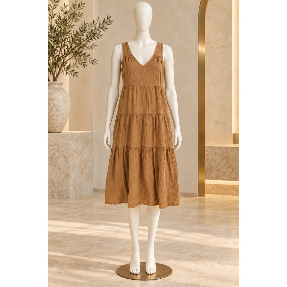 Quince Womens Maxi Dress Organic Cotton Gauze Tiered Toasted Coconut Small